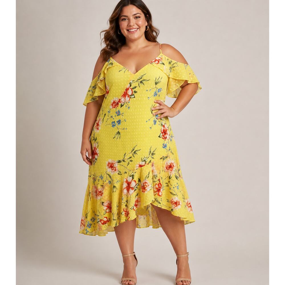 Le Chateau Dress Yellow Floral Midi Ruffel Flutter XXL Spring Wedding Party